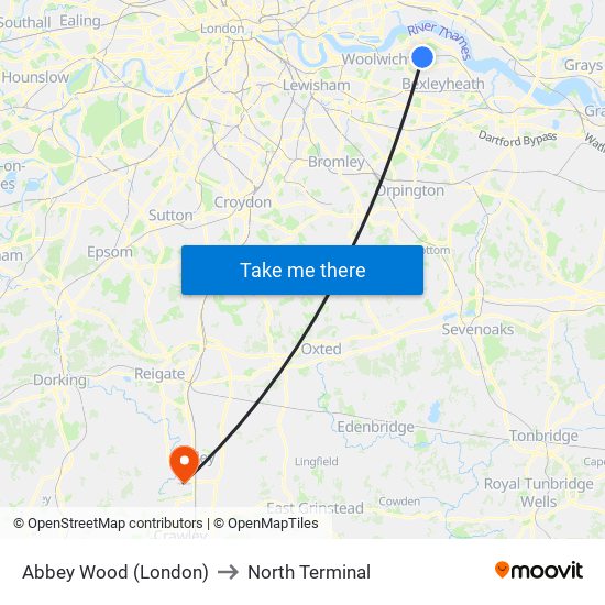 Abbey Wood (London) to North Terminal map