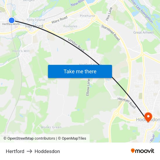 Hertford to Hoddesdon map