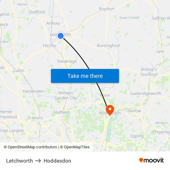 Letchworth to Hoddesdon map