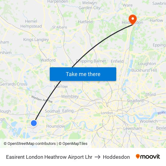 Easirent London Heathrow Airport Lhr to Hoddesdon map