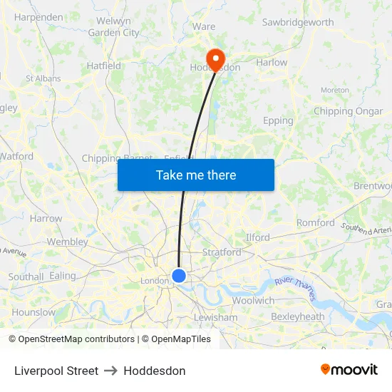Liverpool Street to Hoddesdon map