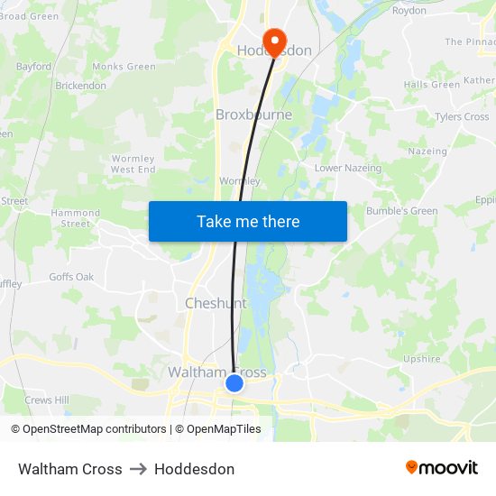 Waltham Cross to Hoddesdon map