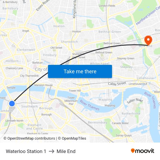 Waterloo Station 1, Waterloo to Mile End map