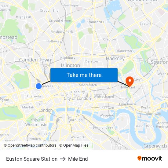 Euston Square Station to Mile End map