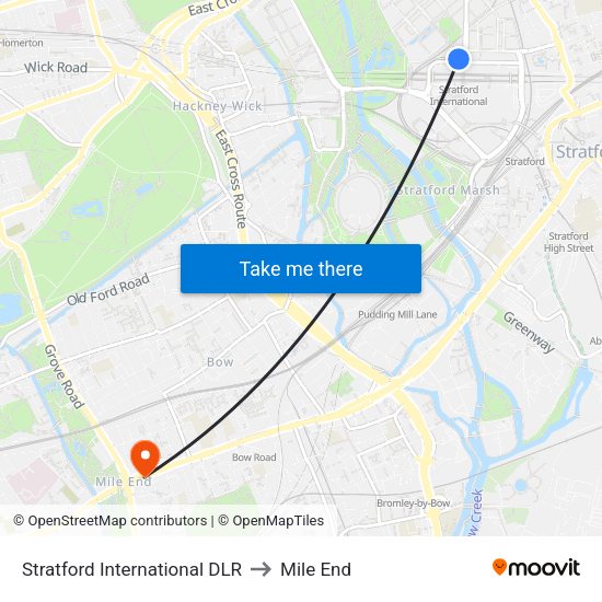 Stratford International DLR to Mile End map