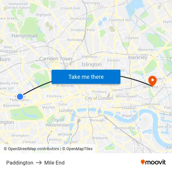 Paddington to Mile End map