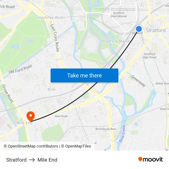 Stratford to Mile End map