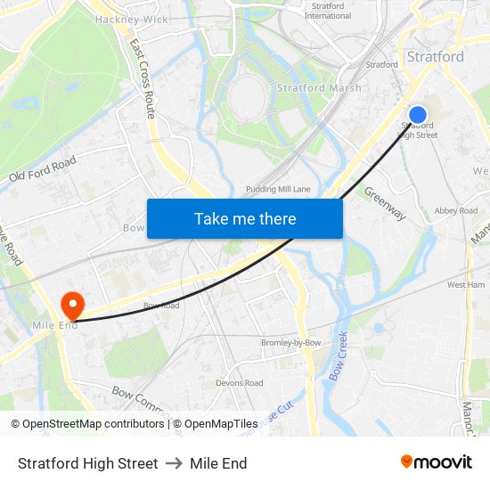 Stratford High Street to Mile End map