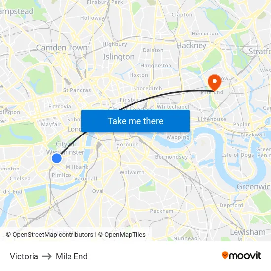 Victoria to Mile End map
