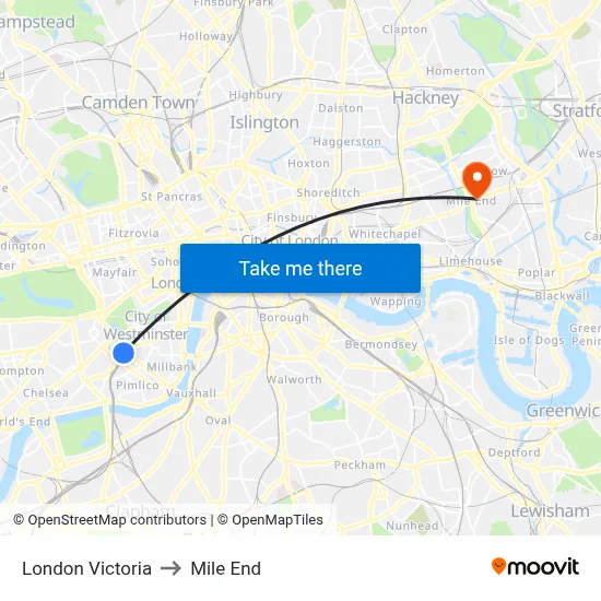 London Victoria to Mile End map