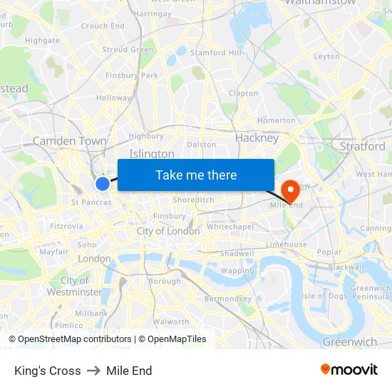 King's Cross to Mile End map