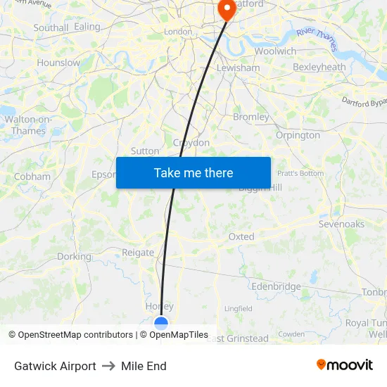 Gatwick Airport to Mile End map