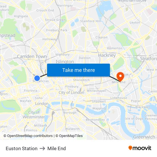 Euston Station to Mile End map