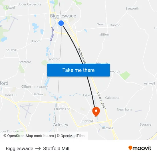Biggleswade to Stotfold Mill map