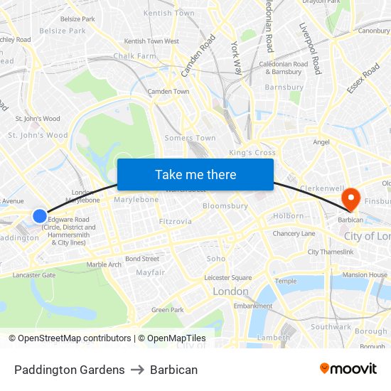 Paddington Exchange to Barbican map