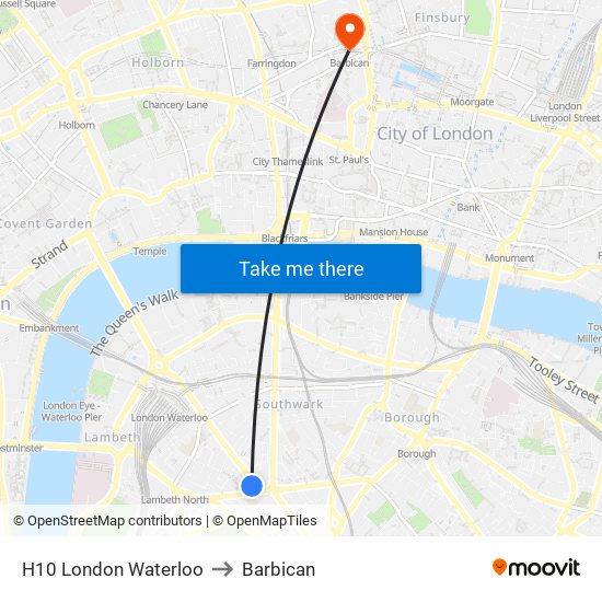 H10 London Waterloo to Barbican map