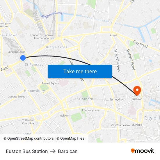 Euston Bus Station to Barbican map