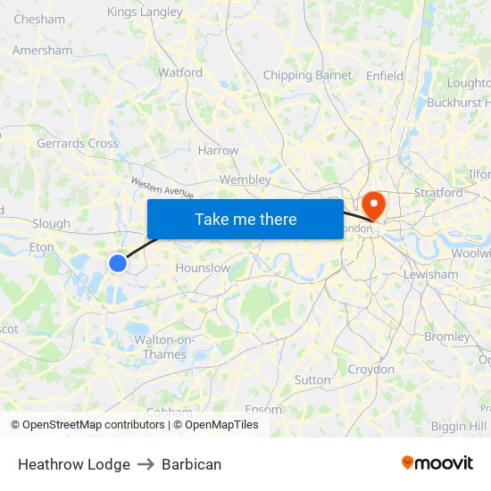 Heathrow Lodge to Barbican map