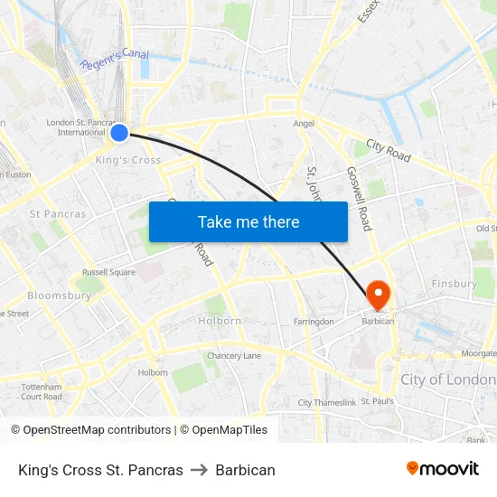 King's Cross St. Pancras to Barbican map