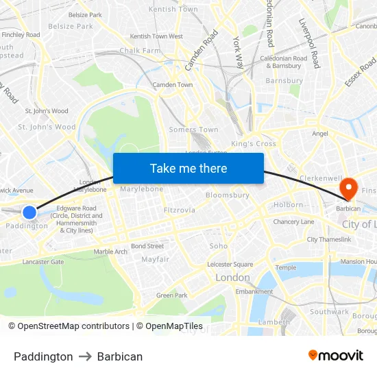 Paddington to Barbican map