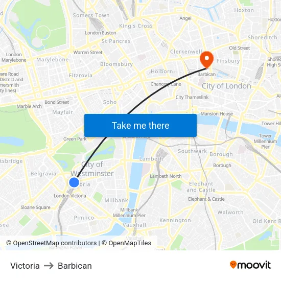 Victoria to Barbican map