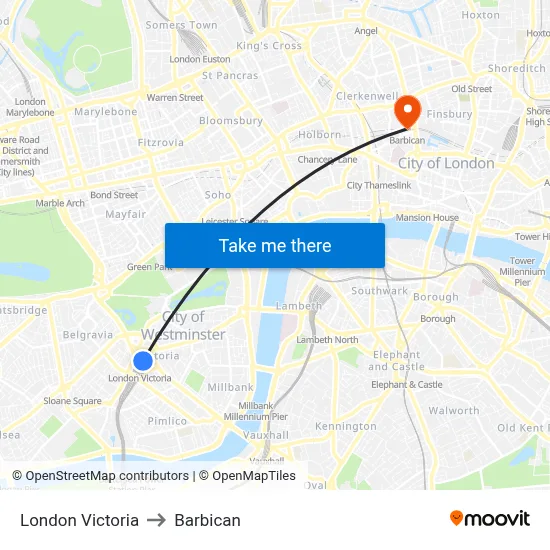 London Victoria to Barbican map