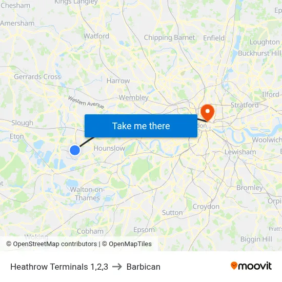 Heathrow Terminals 1,2,3 to Barbican map