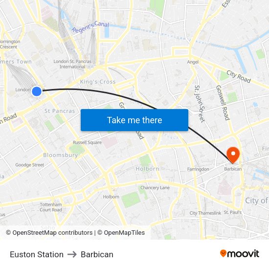 Euston Station to Barbican map