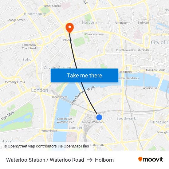 Waterloo Station / Waterloo Road to Holborn map
