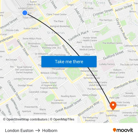 London Euston to Holborn map