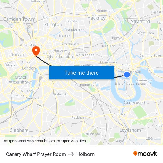 Canary Wharf Prayer Room to Holborn map