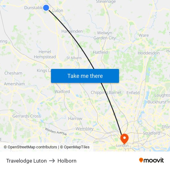 Travelodge Luton to Holborn map