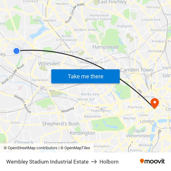 Wembley Stadium Industrial Estate to Holborn map