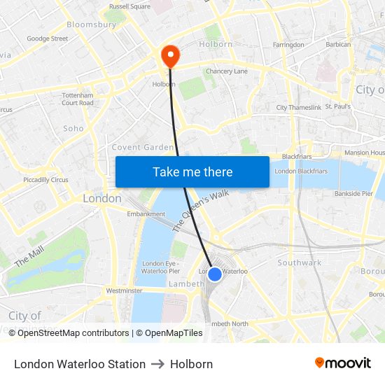 London Waterloo Station to Holborn map