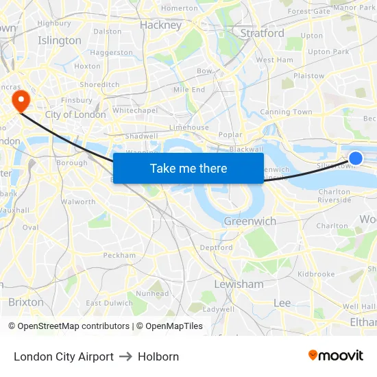 London City Airport to Holborn map