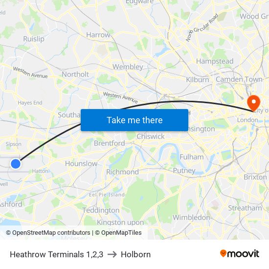 Heathrow Terminals 1,2,3 to Holborn map