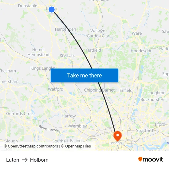 Luton to Holborn map