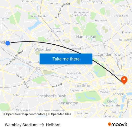 Wembley Stadium to Holborn map