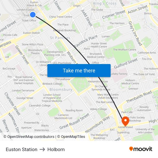 Euston Station to Holborn map
