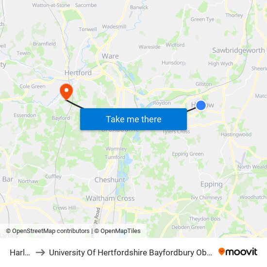 Harlow to University Of Hertfordshire Bayfordbury Observatory map