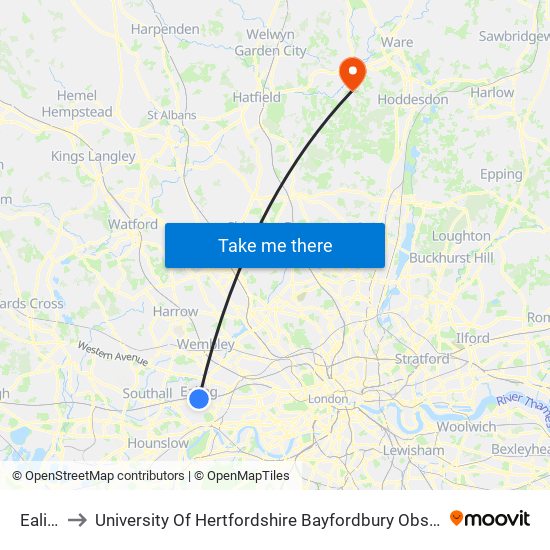 Ealing to University Of Hertfordshire Bayfordbury Observatory map