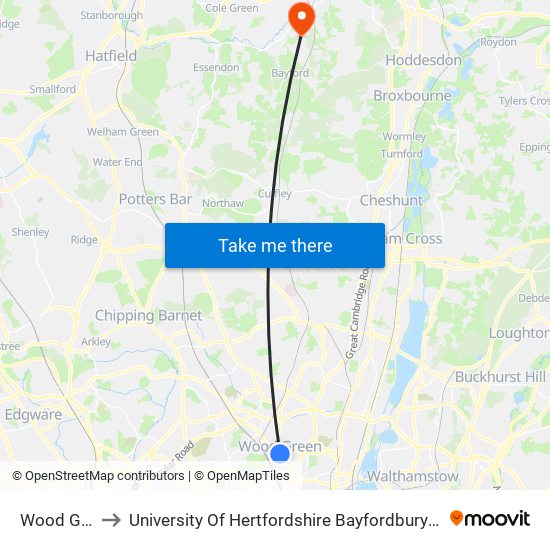 Wood Green to University Of Hertfordshire Bayfordbury Observatory map