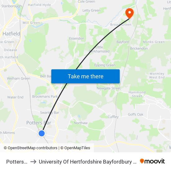 Potters Bar to University Of Hertfordshire Bayfordbury Observatory map