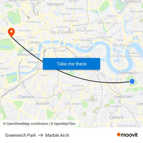 Greenwich Park to Marble Arch map