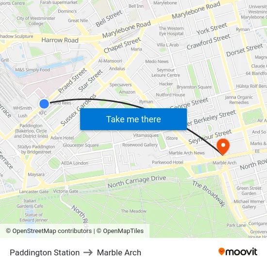 Paddington Station to Marble Arch map
