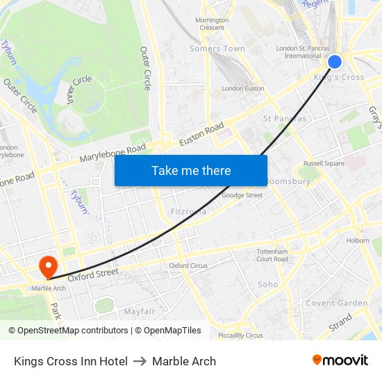 Kings Cross Inn Hotel to Marble Arch map