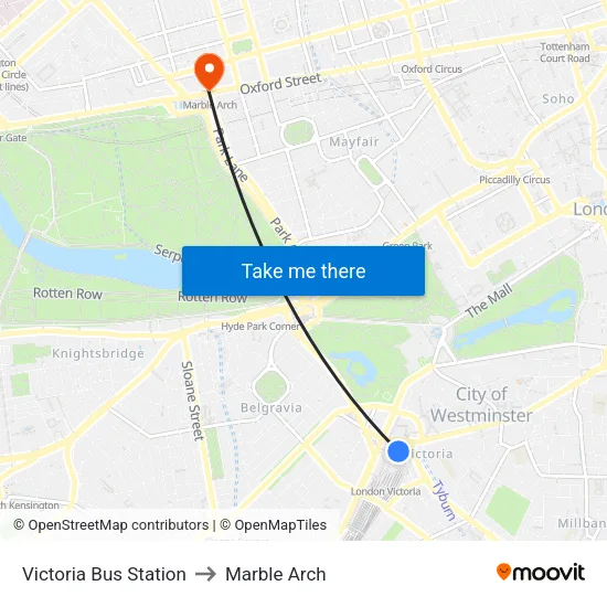 Victoria Bus Station to Marble Arch map