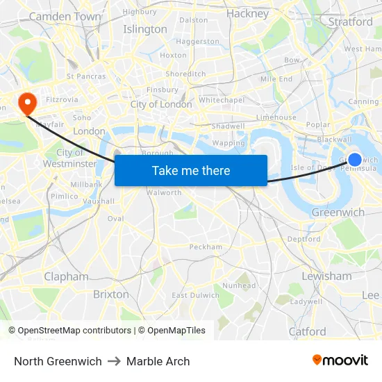 North Greenwich to Marble Arch map
