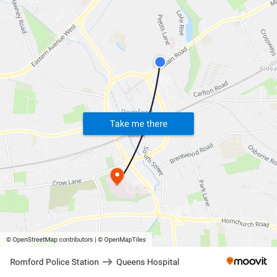 Romford Police Station to Queens Hospital map