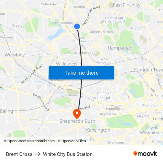 Brent Cross to White City Bus Station map